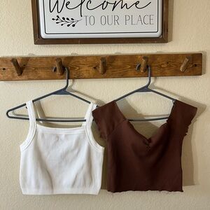 2 Pack Girl Cotton On White and Brown Fitted Crop Tank Tops